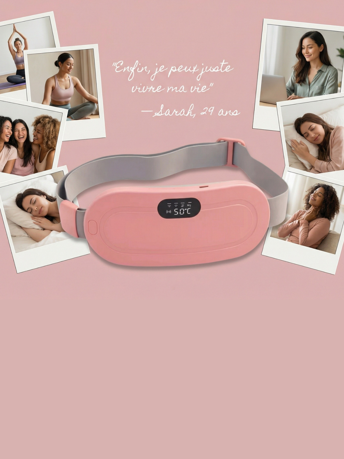 Ceinture chauffante rose pour soulager le ventre, femmes détendues et actives en arrière-plan.